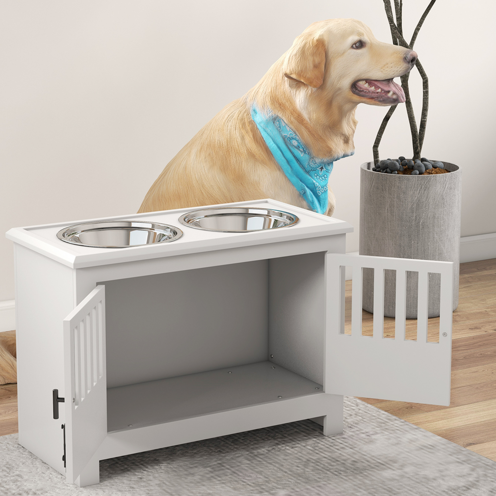 PawHut Raised 2-Bowl Dog Feeding Station for Large Dogs with Storage - White