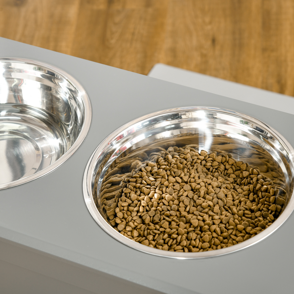Grey Elevated Dual Pet Bowls with Storage Stand - Stainless Steel