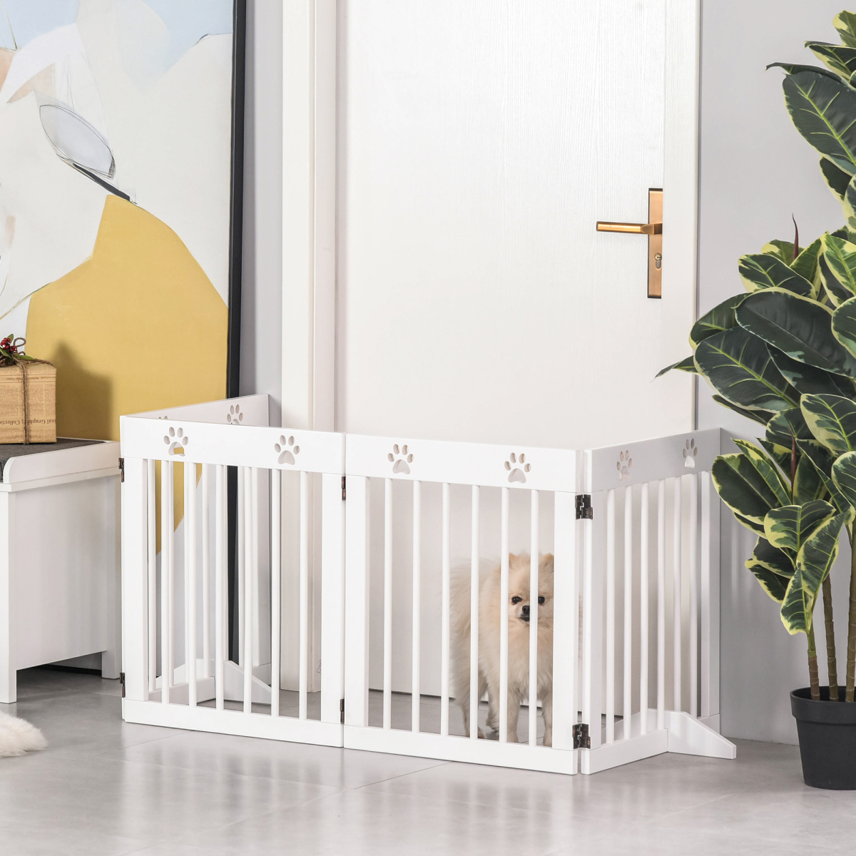 Freestanding 4-Panel Folding Wooden Dog Gate with Removable Feet