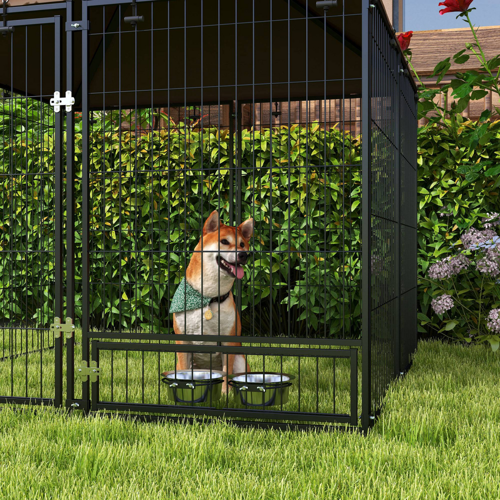 Outdoor Dog Kennel with Canopy Top, Secure Lock & Rotating Bowl Holder