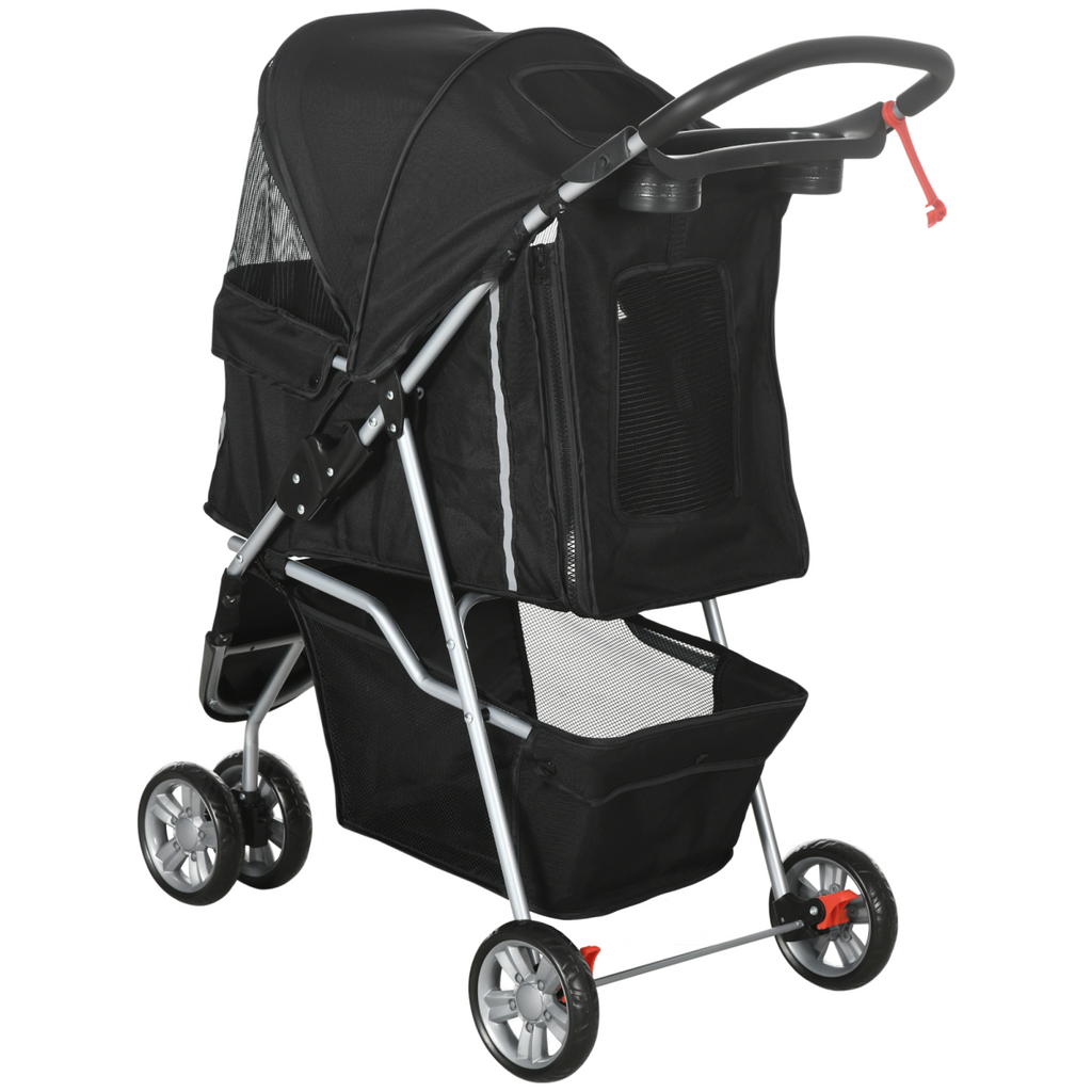 3-Wheel Cat & Dog Pet Stroller Carrier with Brake & Breathable Mesh - Black