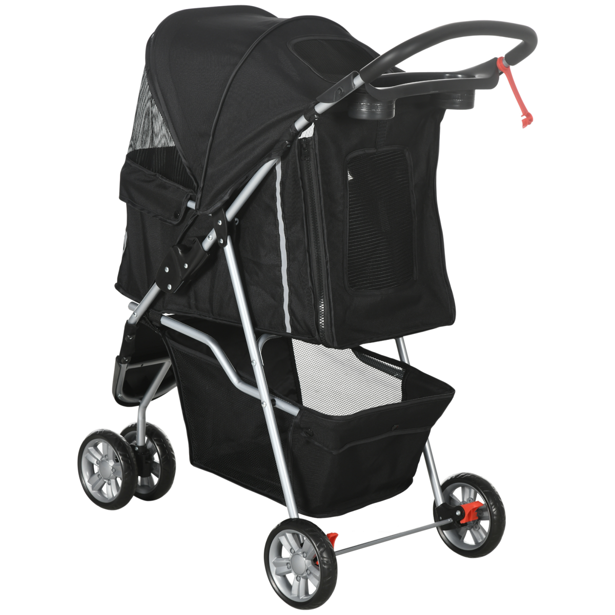 3-Wheel Cat & Dog Pet Stroller Carrier with Brake & Breathable Mesh - Black