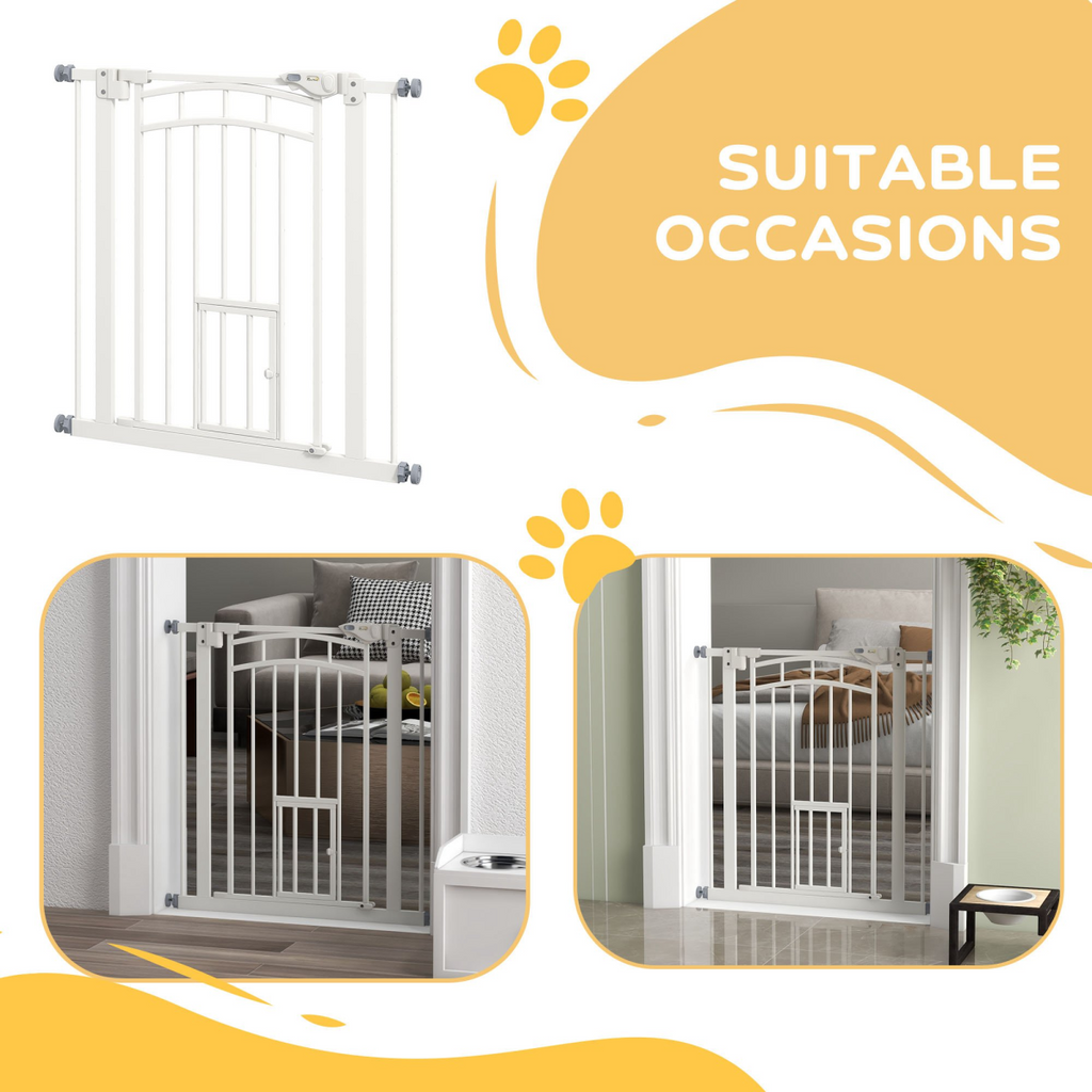 PawHut White Adjustable Pressure-Fit Pet Gate with Cat Door, 74-80cm