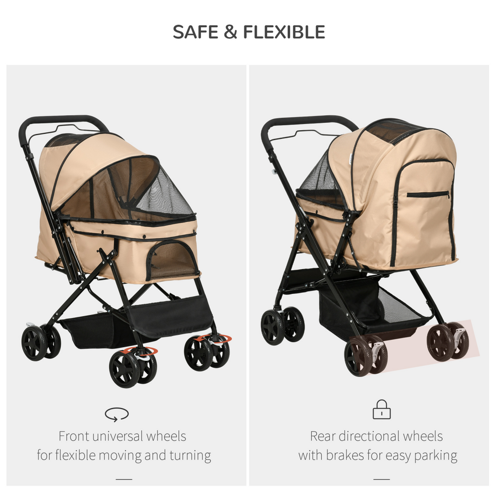 Foldable Pet Stroller for Small Dogs — Reversible Handle, Brown