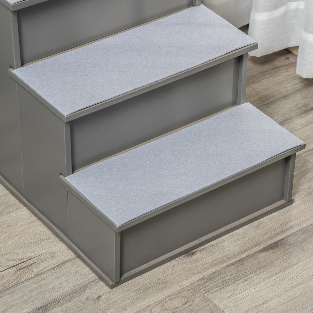 4-Step Wooden Pet Stairs with Cushioned Treads for Bed & Couch, Grey Pawhut