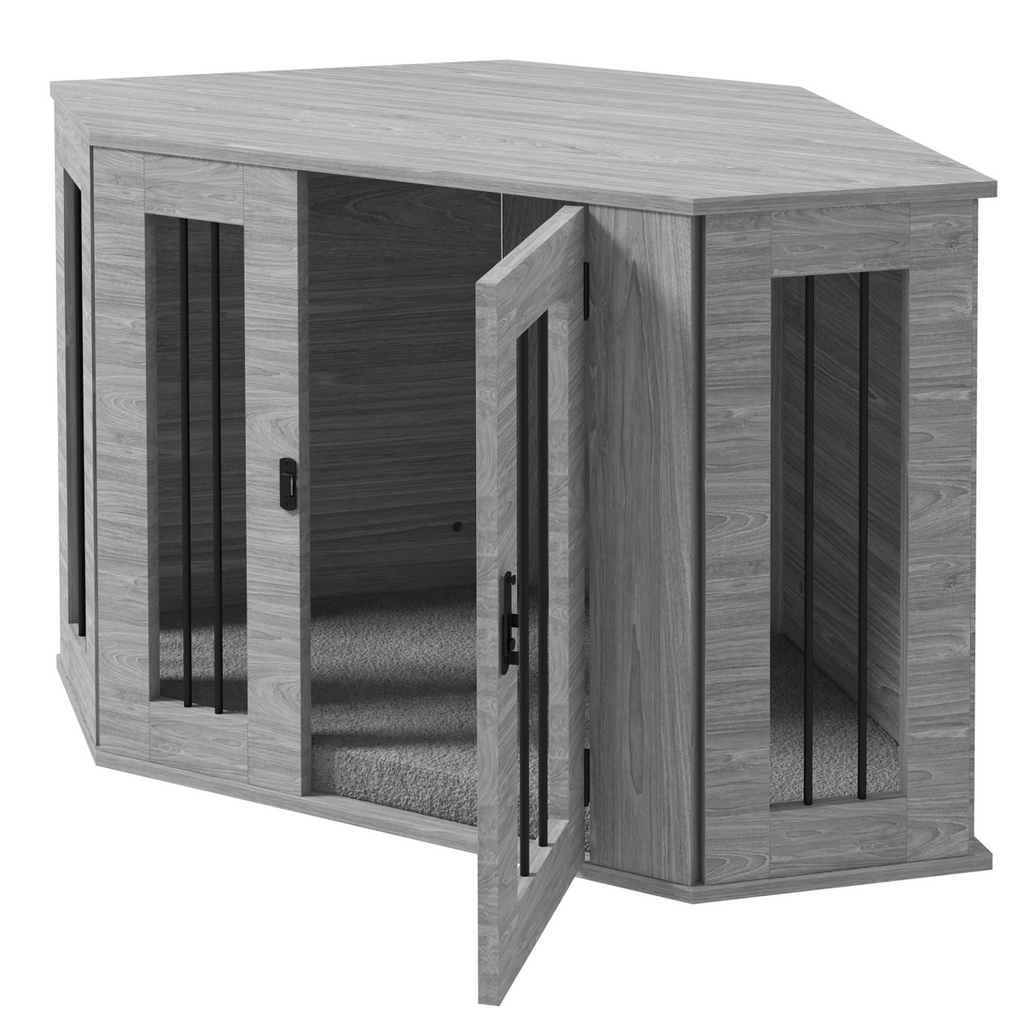 PawHut Dog Crate & Side Table for Medium Dogs, Large Door, Grey