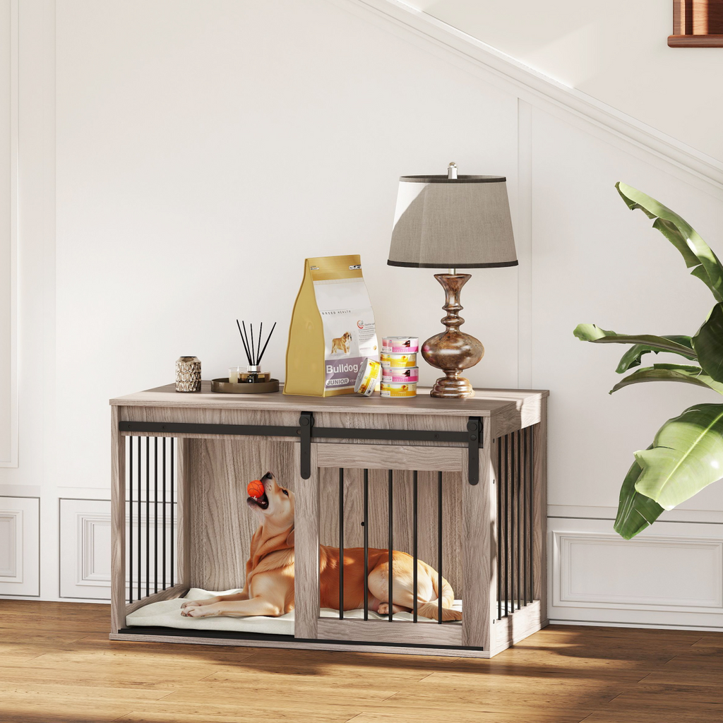 PawHut Large Dog Crate & Side Table with Removable Cushion - Brown