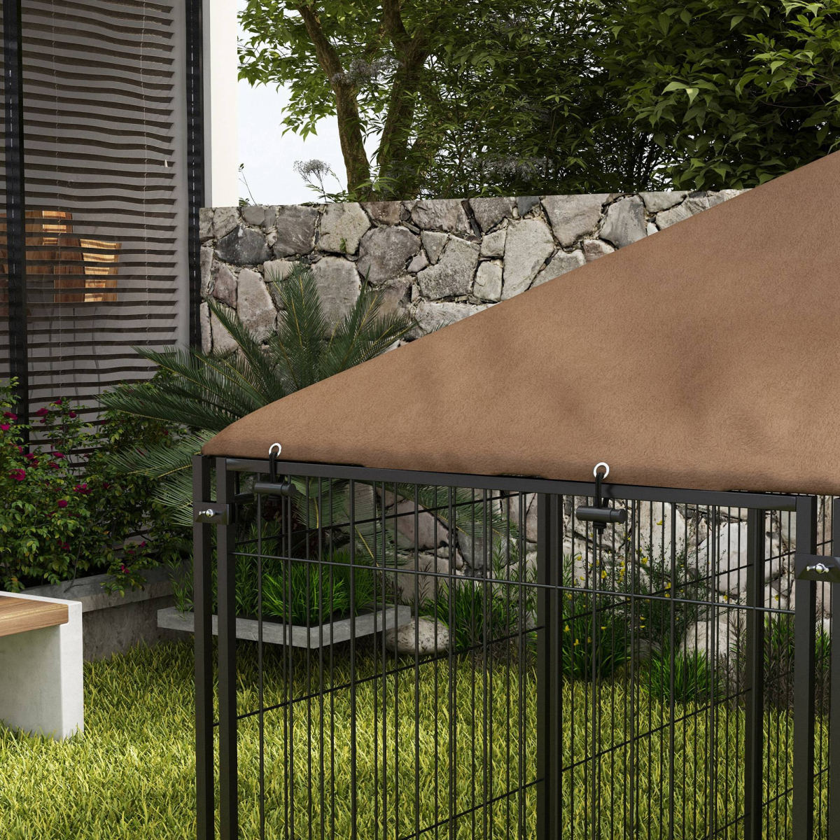 PawHut Outdoor Dog House with Canopy & Locking Rotating Bowl Holder