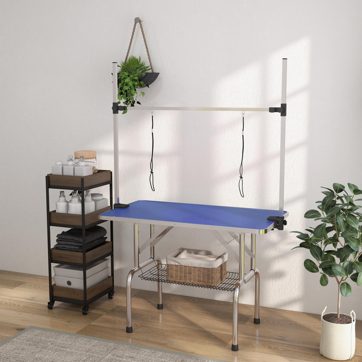 Metal Adjustable Dog Grooming Table with Rubber Top, 2 Safety Slings Pawhut