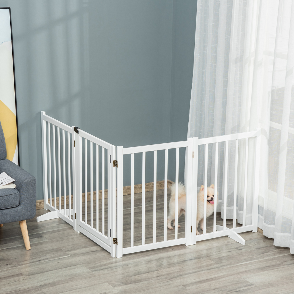 Pawhut Freestanding 4-Panel Pet Gate with 2 Support Feet for Doorways - White
