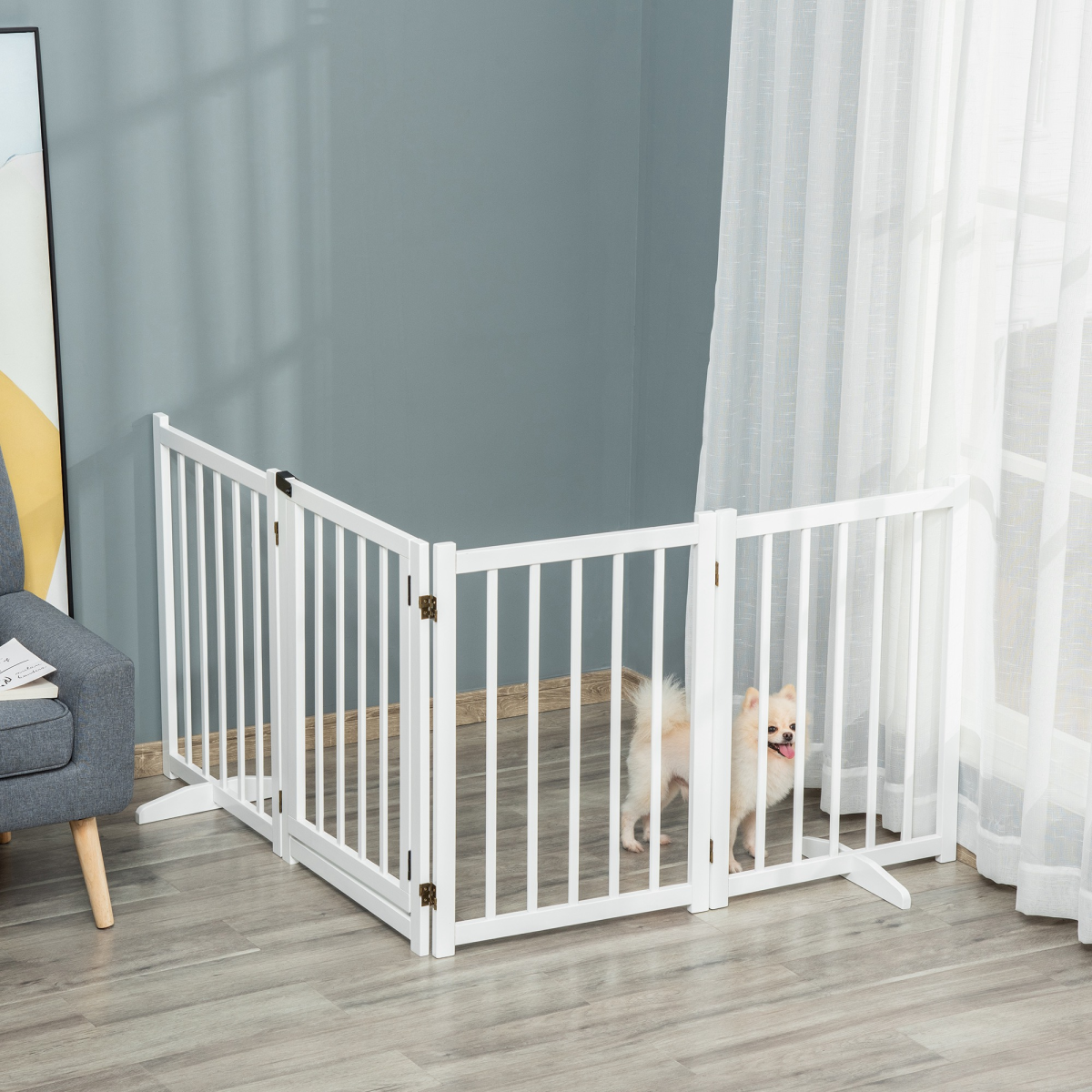 Pawhut Freestanding 4-Panel Pet Gate with 2 Support Feet for Doorways - White