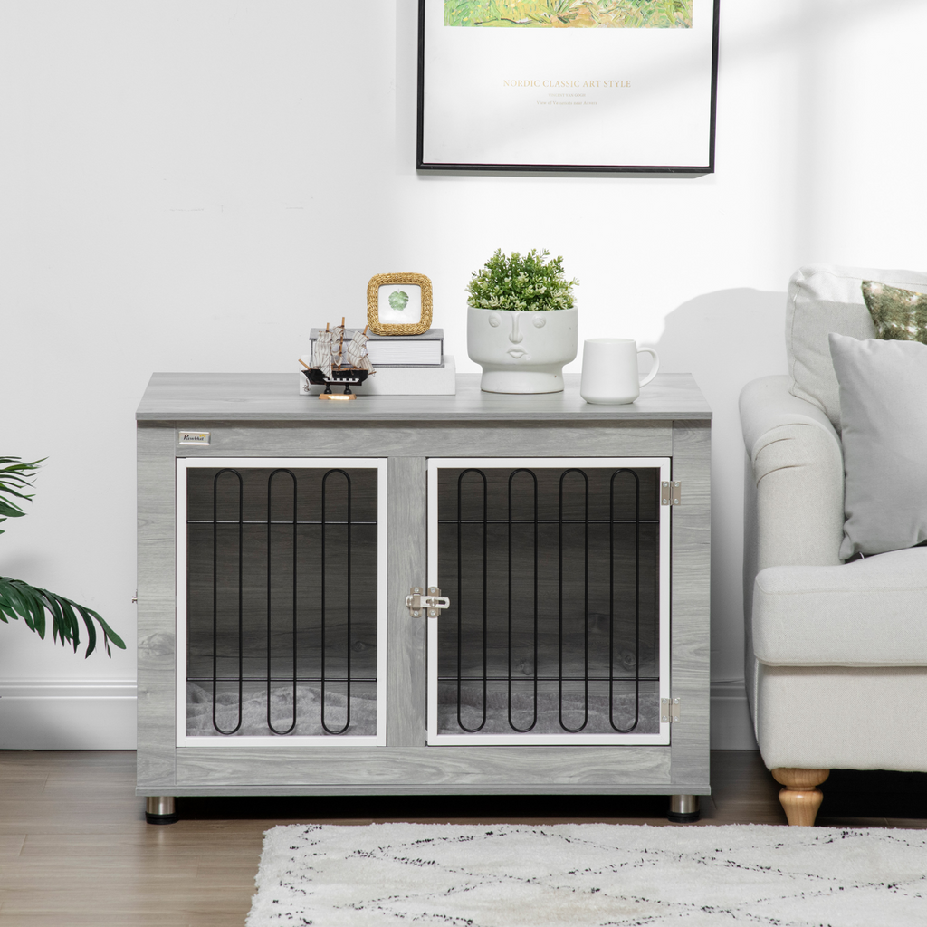 PawHut Dog Crate End Table with Soft Cushion and Double Doors