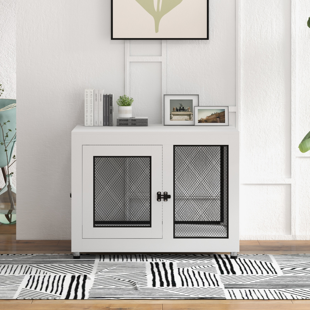 Two-Door Dog Kennel End Table with Plush Cushion for Large/Medium Dogs