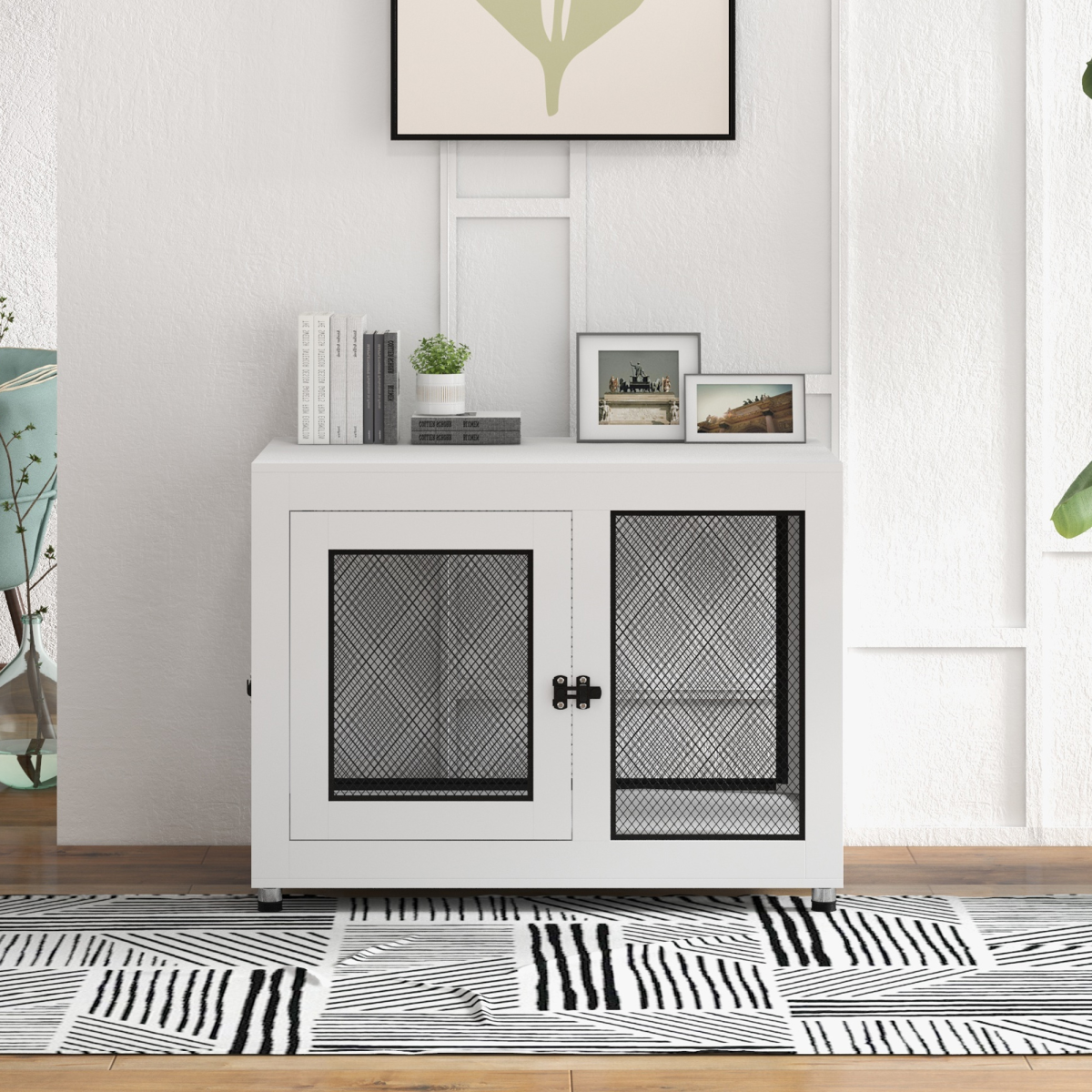 Two-Door Dog Kennel End Table with Plush Cushion for Large/Medium Dogs