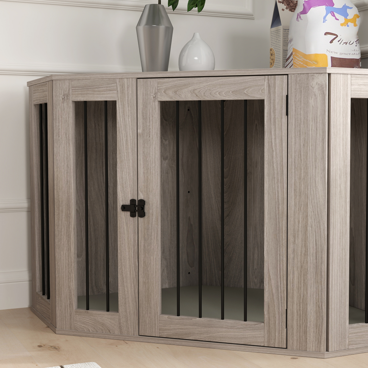 Walnut Brown Dog Crate Side Table for Large Dogs, Cushioned and Safe