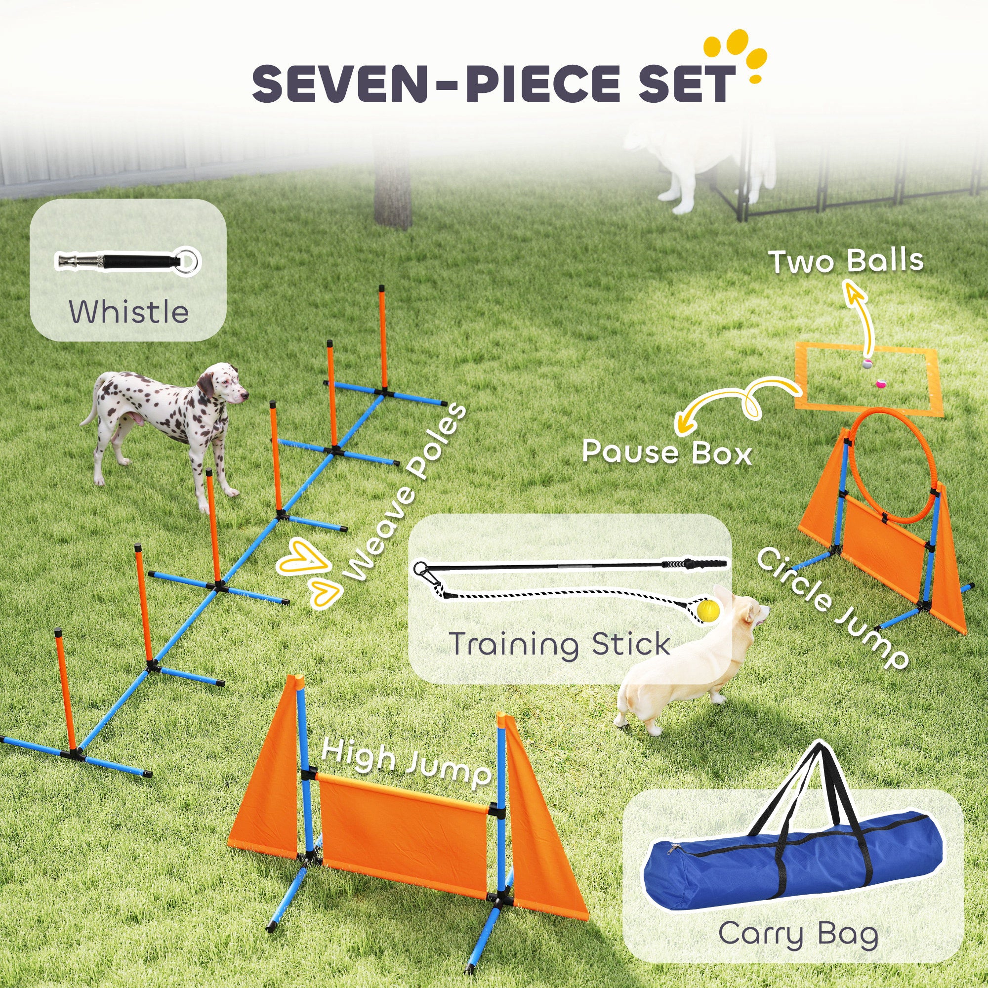 PawHut 7-Piece Dog Agility Kit: Jumps, Weave Poles, Pause Box - Orange