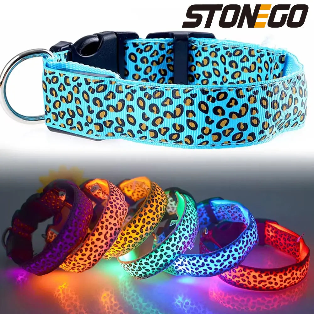 Leopard Print LED Dog Collar – Adjustable, Glowing & Night-Safe