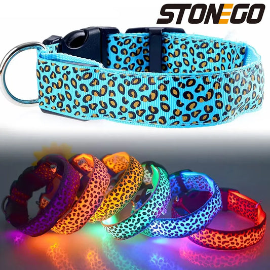 Leopard Print LED Dog Collar – Adjustable, Glowing & Night-Safe