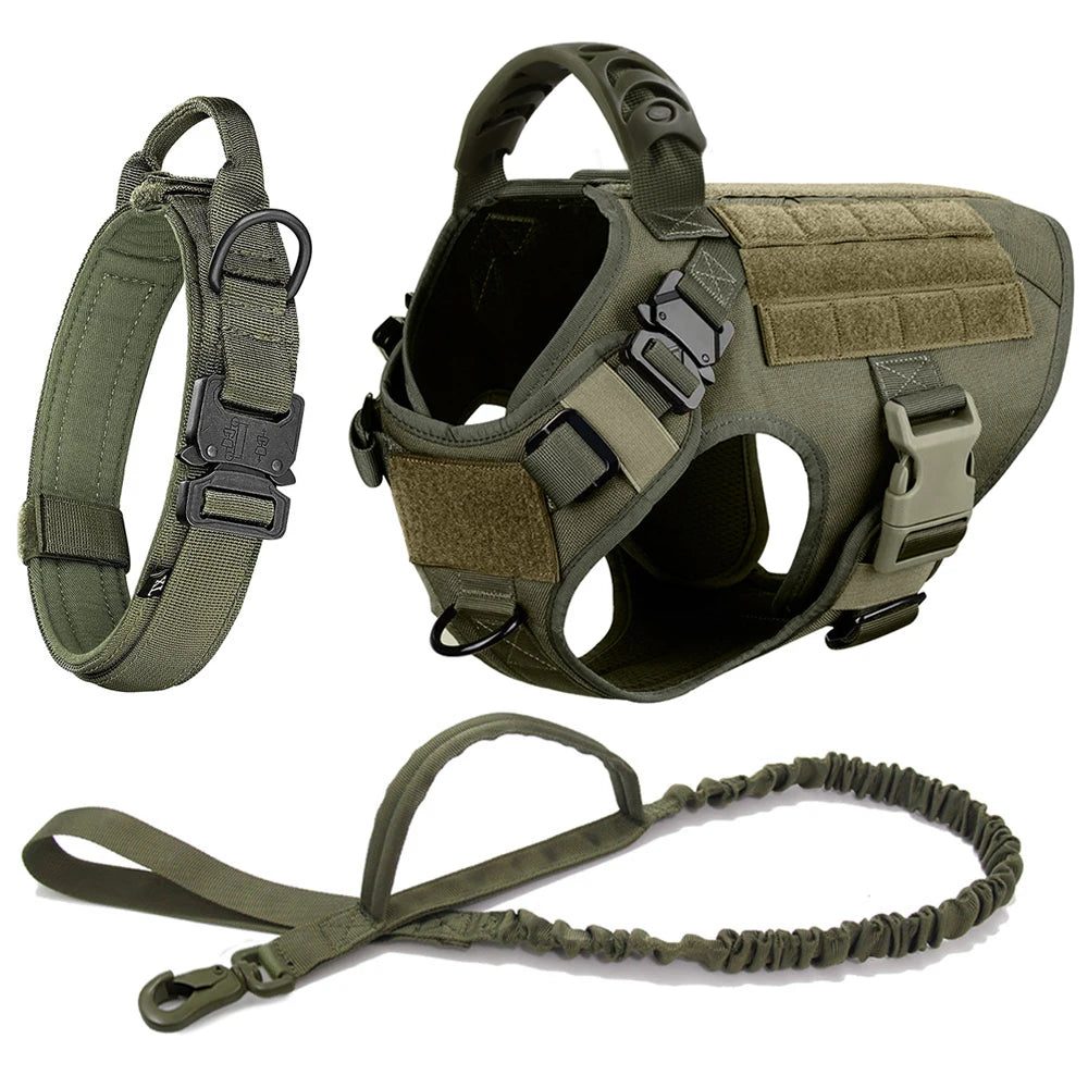 Tactical Large Dog Harness, Collar & Leash Set with MOLLE Pouches