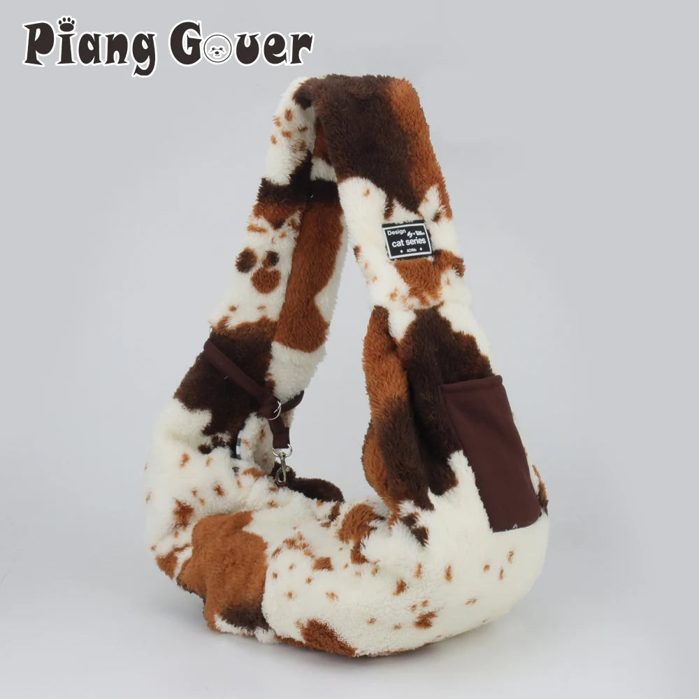 Autumn/Winter Plush Pet Shoulder Carrier – Cow Print Crossbody Bag