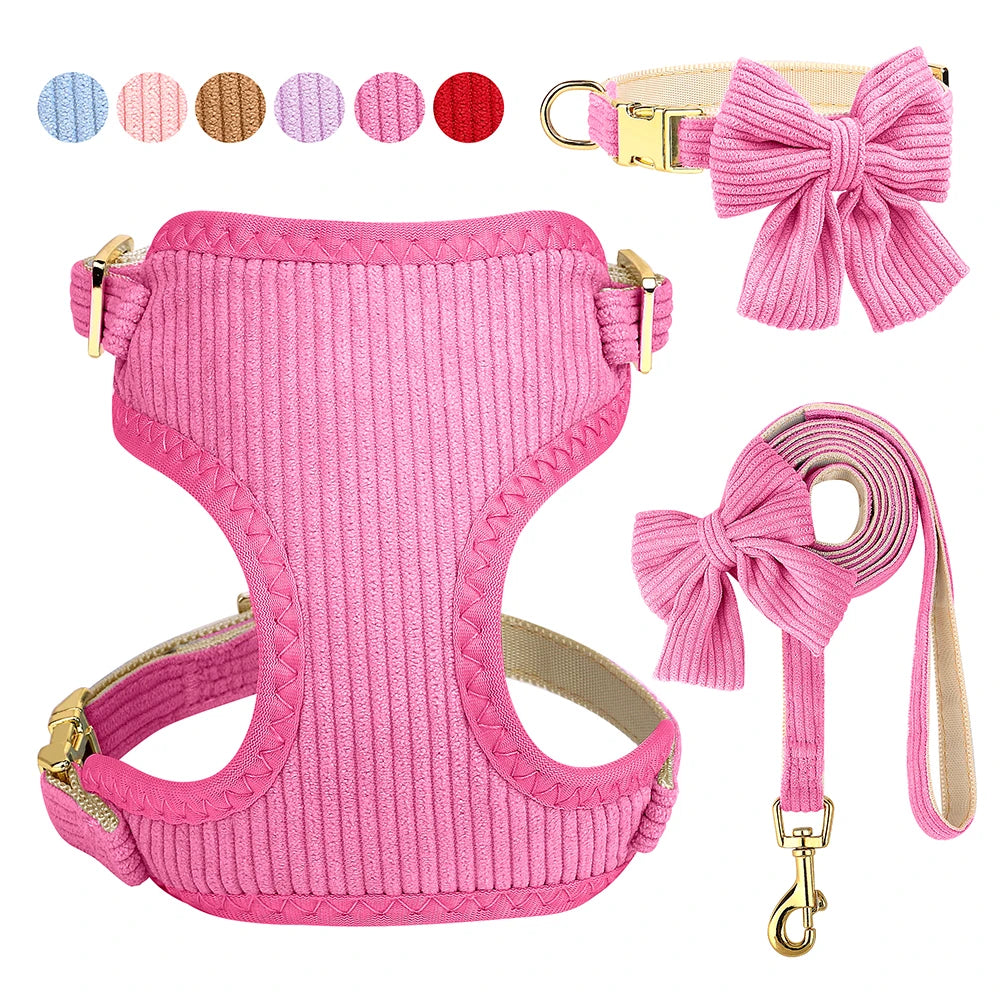 Mesh Dog Harness, Collar & Lead Set with Bow – Adjustable & Breathable