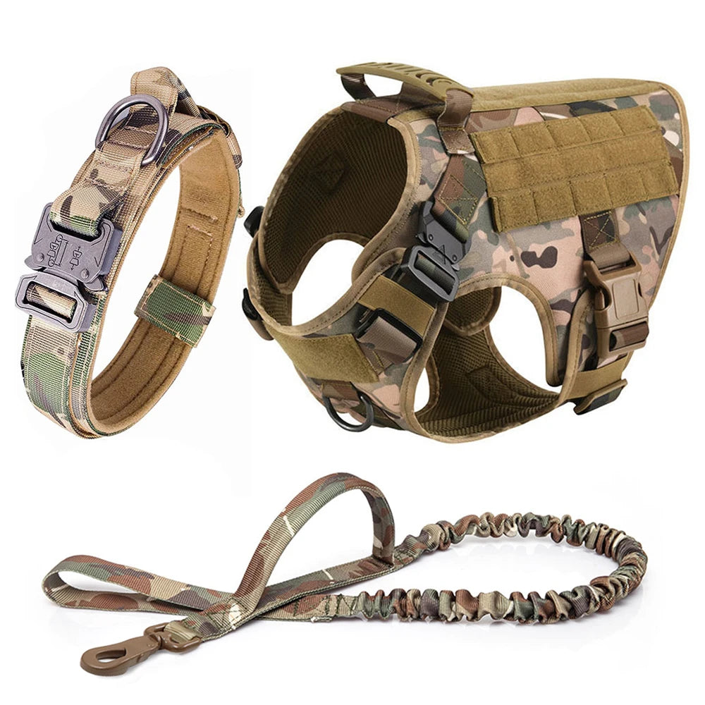 Tactical Large Dog Harness, Collar & Leash Set with MOLLE Pouches