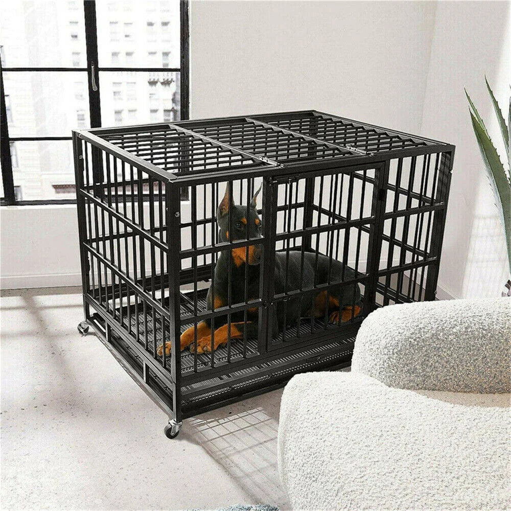 XXL Heavy Duty Dog Crate – Tear-Resistant Metal Cage with Lockable Wheels & Tray