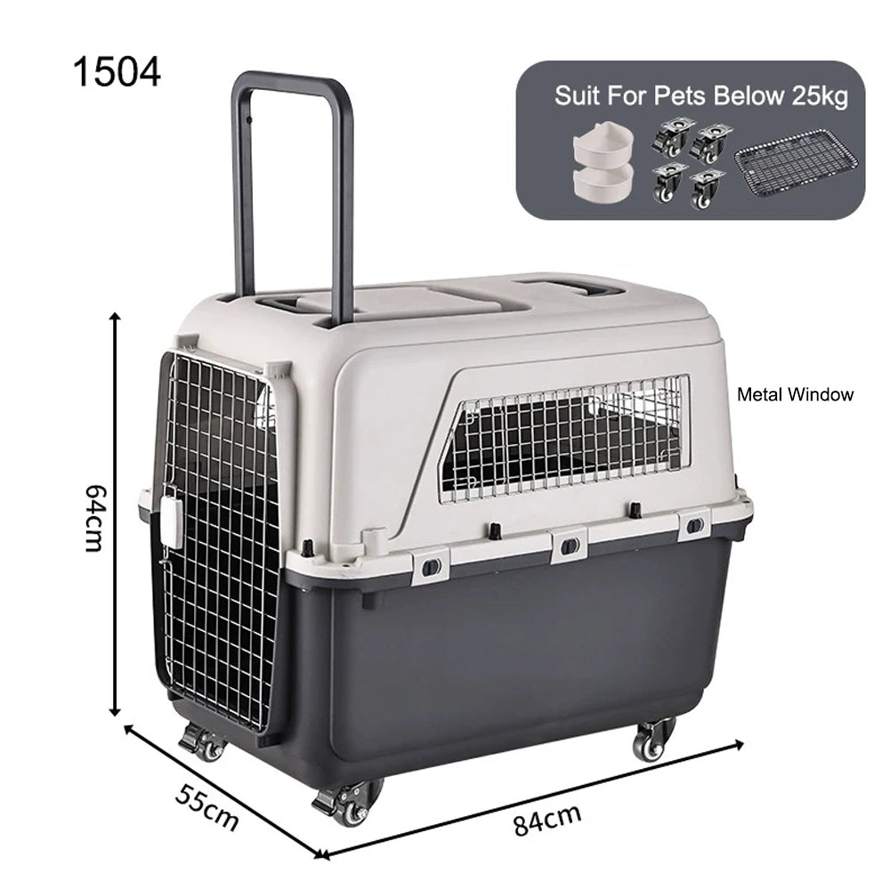 33" Large Airline-Friendly Dog Carrier – Durable Plastic Flight Crate with Wheels & Metal Ventilation Windows