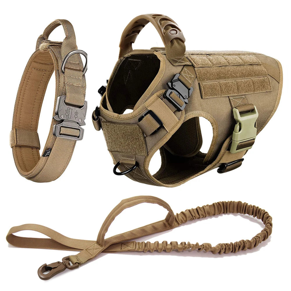 Tactical Large Dog Harness, Collar & Leash Set with MOLLE Pouches