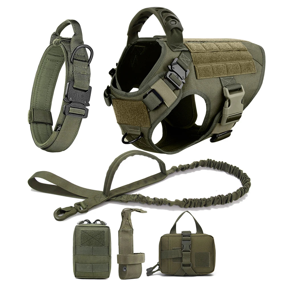 Tactical Large Dog Harness, Collar & Leash Set with MOLLE Pouches
