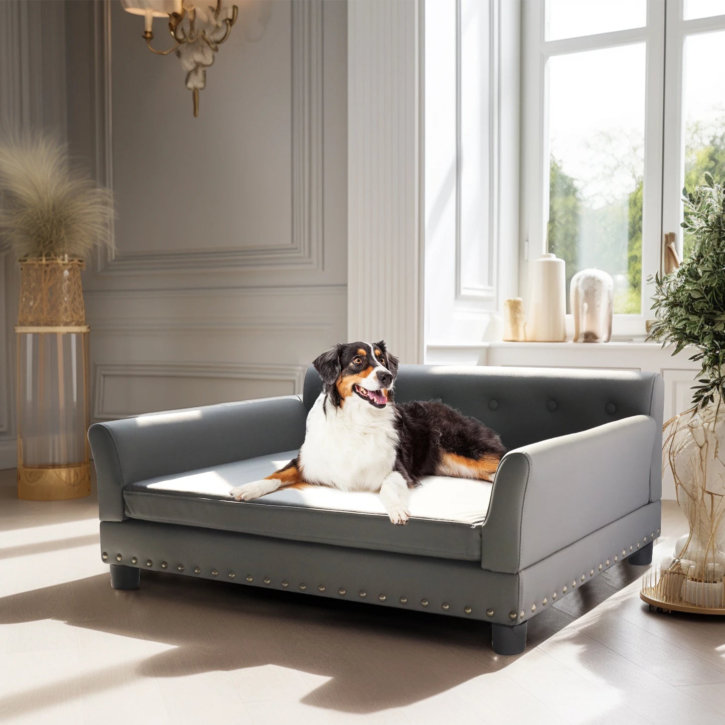 Elevated Dog Sofa Bed – Luxury Microfibre Leather with Removable Cushion