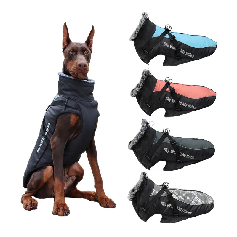 Waterproof Large Dog Coat with Built-In Harness & Furry Collar 🐾❄️
