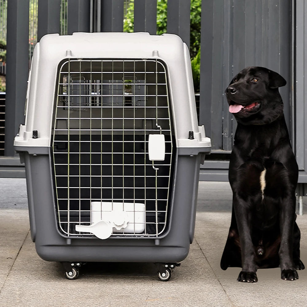 33" Large Airline-Friendly Dog Carrier – Durable Plastic Flight Crate with Wheels & Metal Ventilation Windows