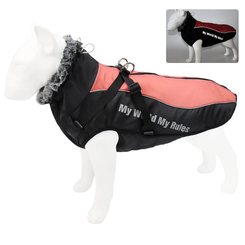 Waterproof Large Dog Coat with Built-In Harness & Furry Collar 🐾❄️