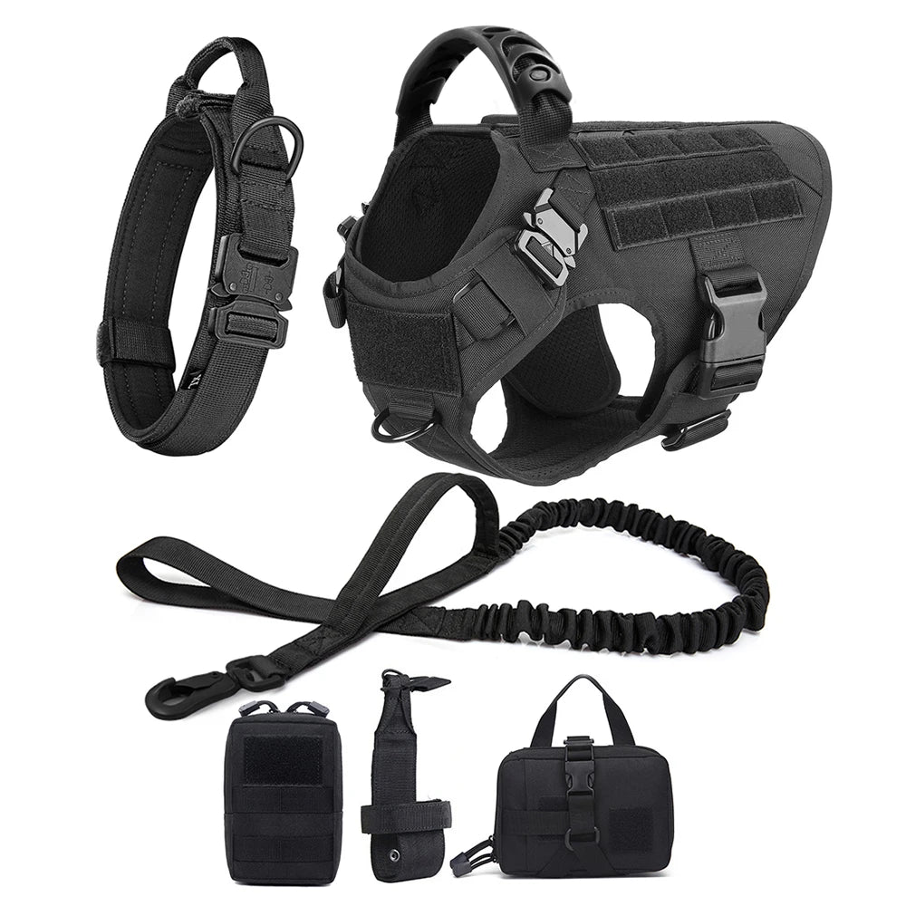 Tactical Large Dog Harness, Collar & Leash Set with MOLLE Pouches