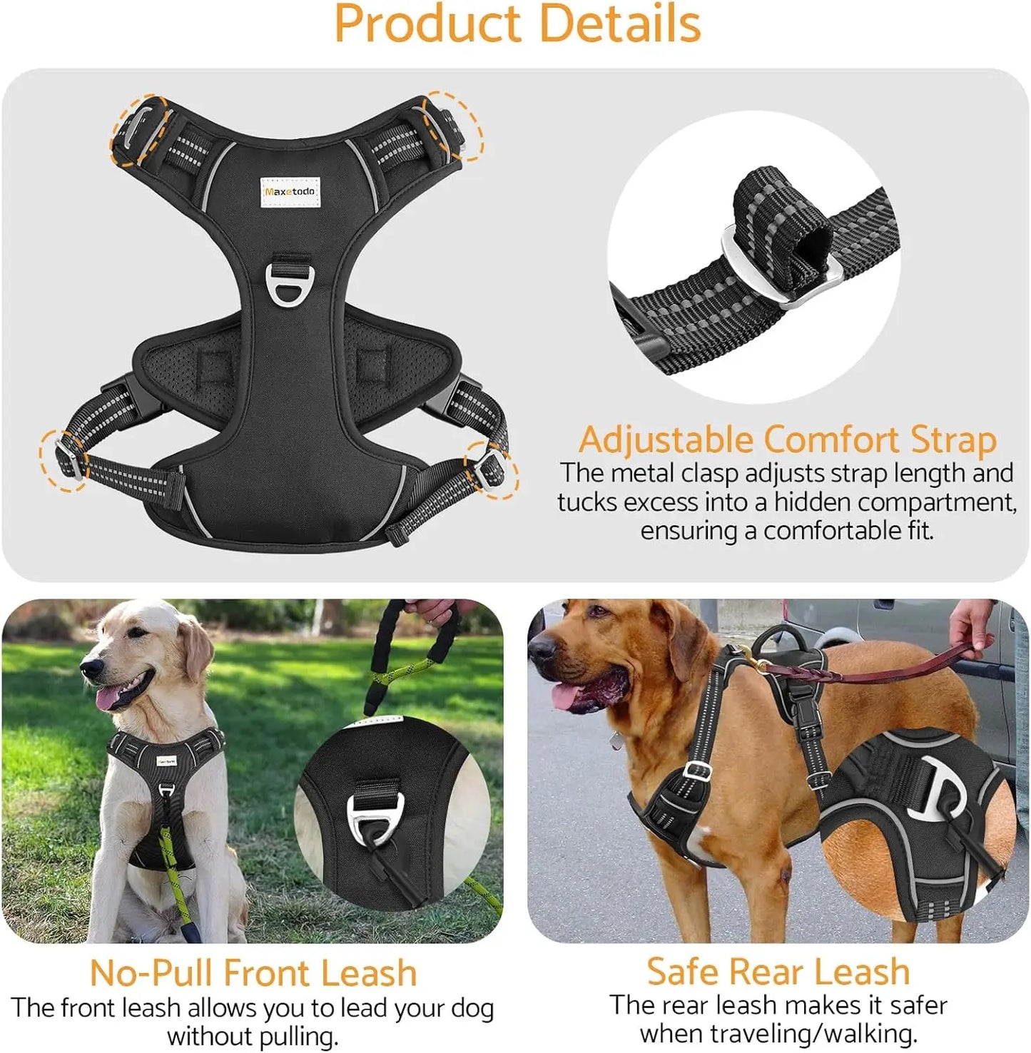 Maxetodo No-Pull Adjustable Dog Harness – Reflective Padded Vest for Large Breeds