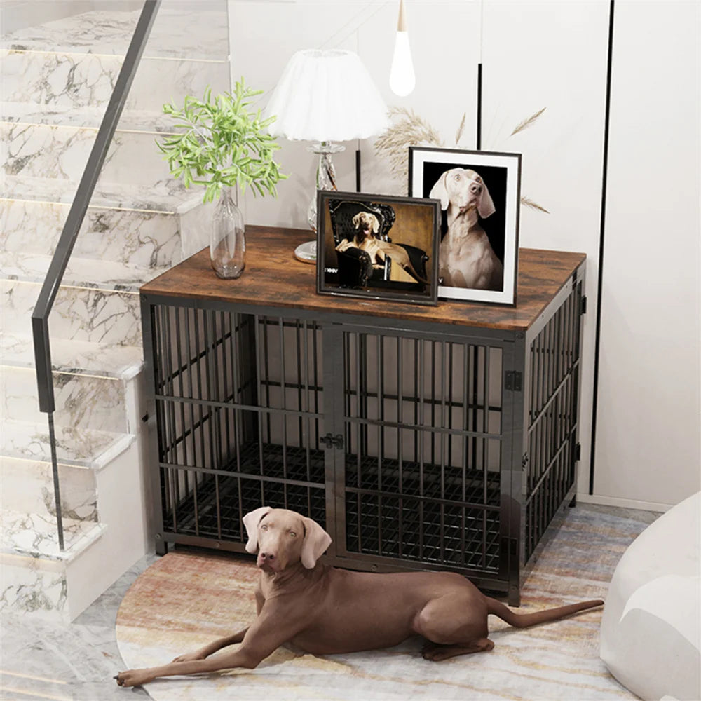 Large Wooden Indoor Dog Crate – Furniture Style Kennel with 3 Doors & Removable Tray