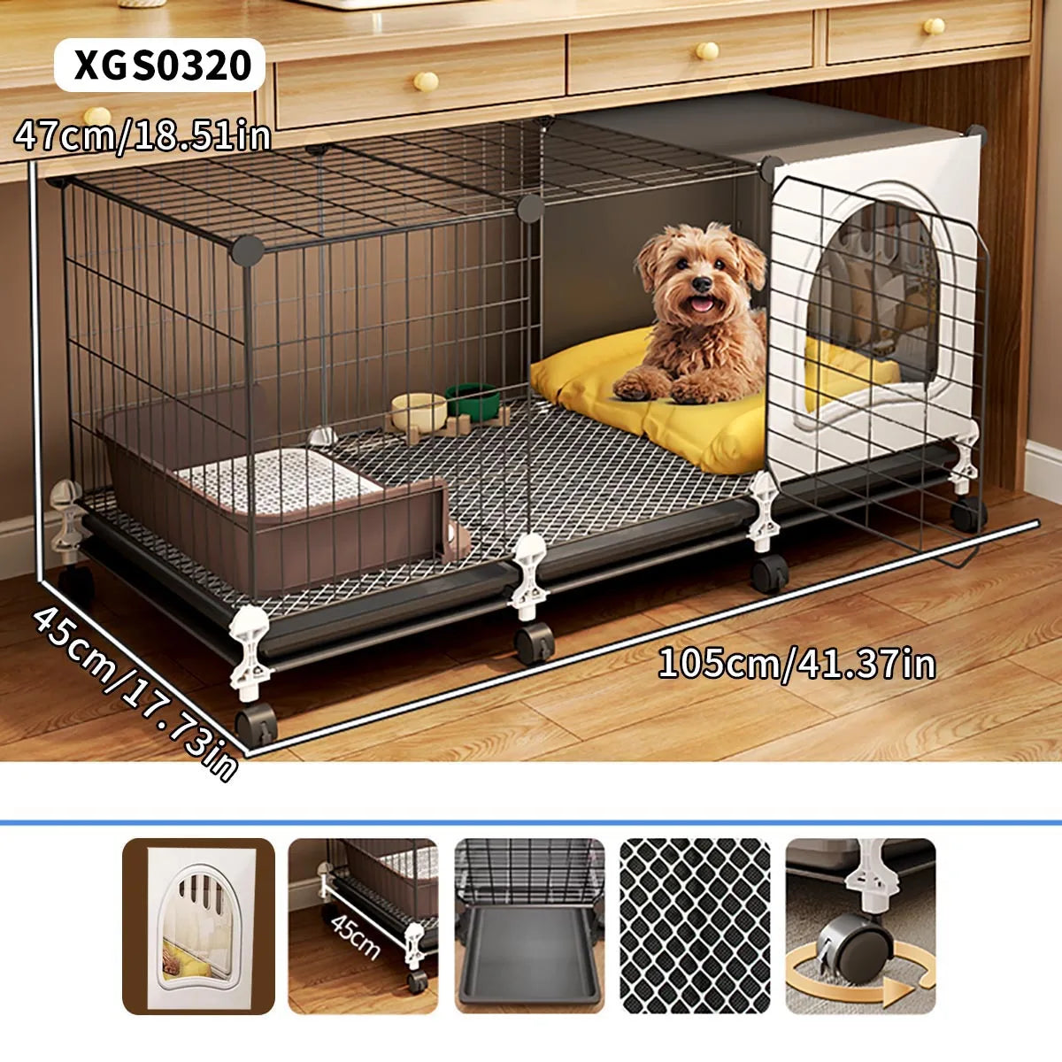 Indoor Dog Cage with Integrated Toilet & Tray – For Small and Medium Dogs
