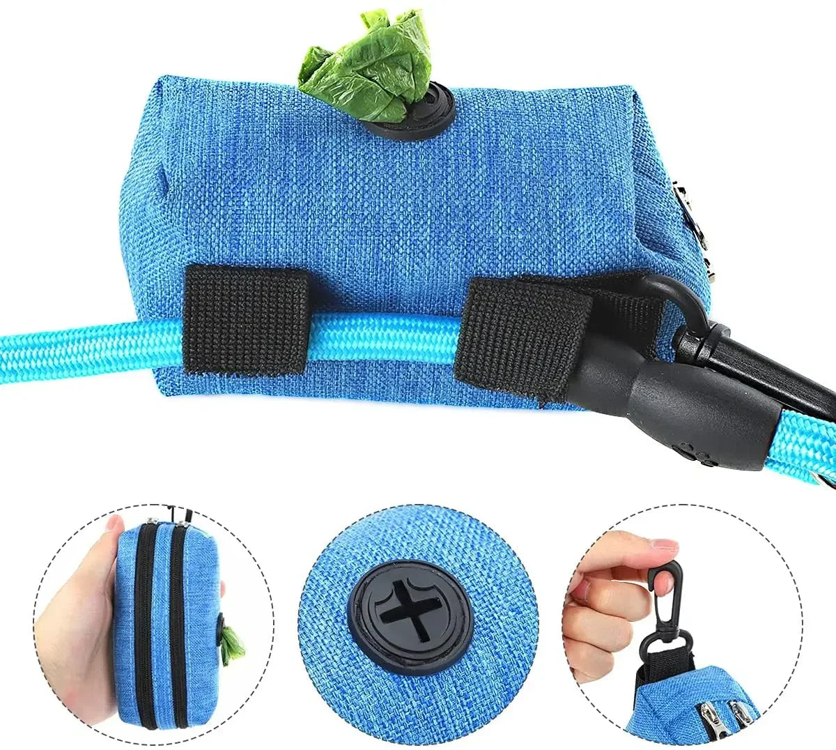 Dog Poop Bag Dispenser with Double Pockets & Velcro Leash Attachment