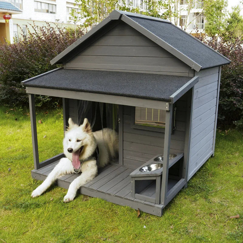 Multifunctional Wooden Outdoor Dog House with Porch & Feeding Station