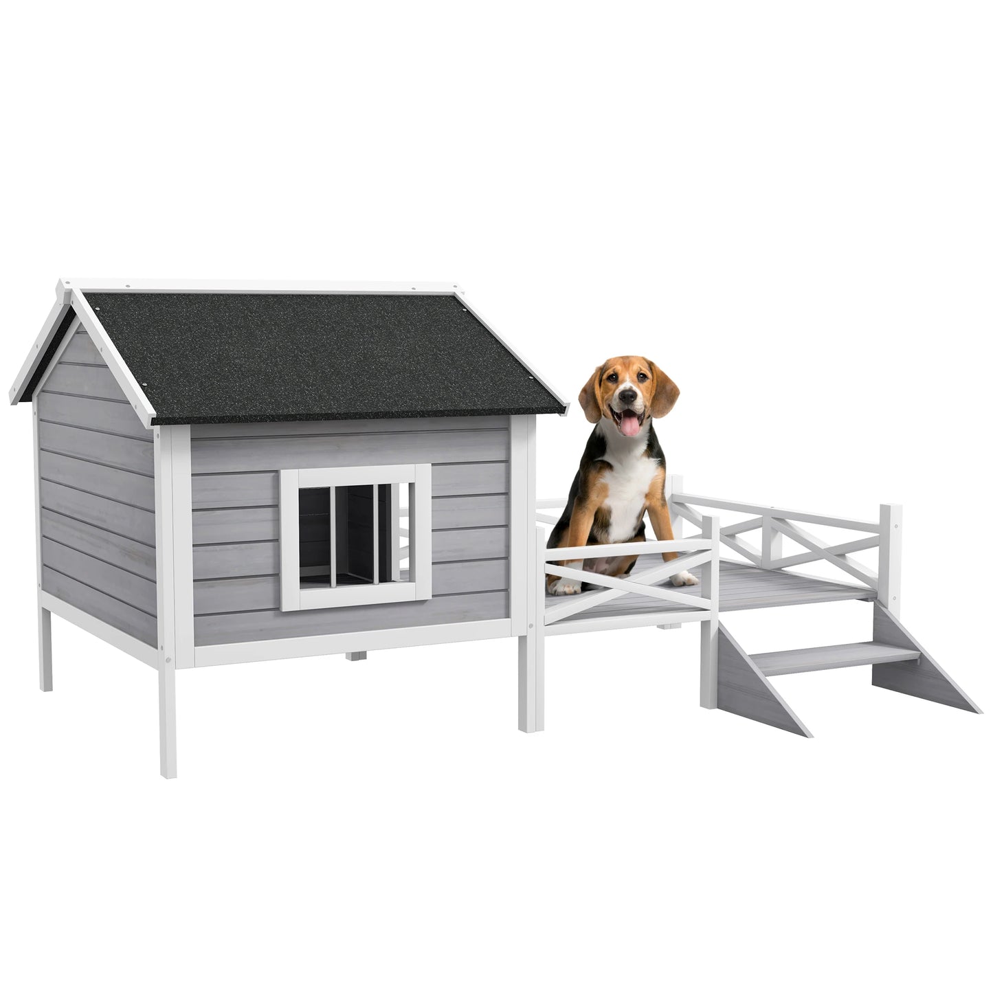 PawHut Wooden Dog House with Porch – Grey