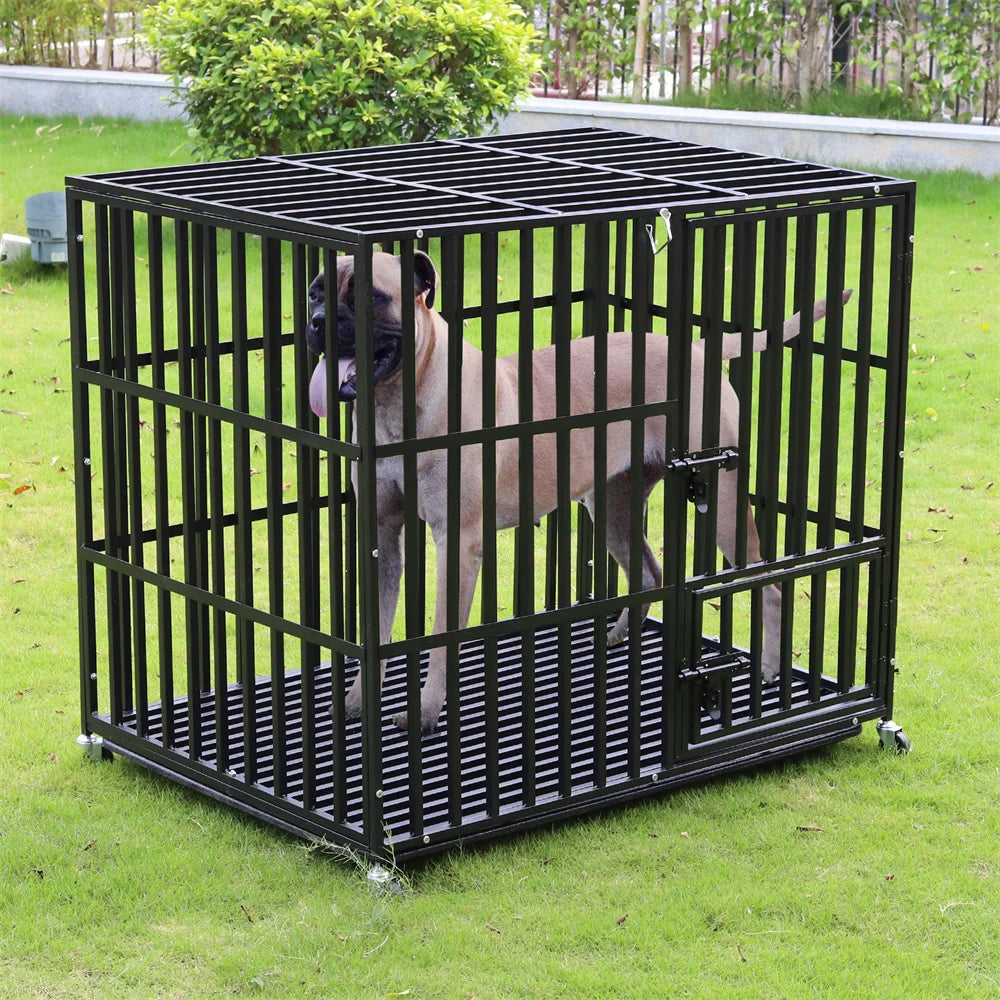 XXL Heavy Duty Dog Crate – Tear-Resistant Metal Cage with Lockable Wheels & Tray