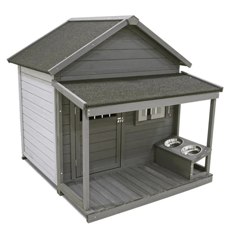 Multifunctional Wooden Outdoor Dog House with Porch & Feeding Station
