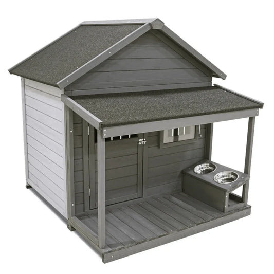 Multifunctional Wooden Outdoor Dog House with Porch & Feeding Station