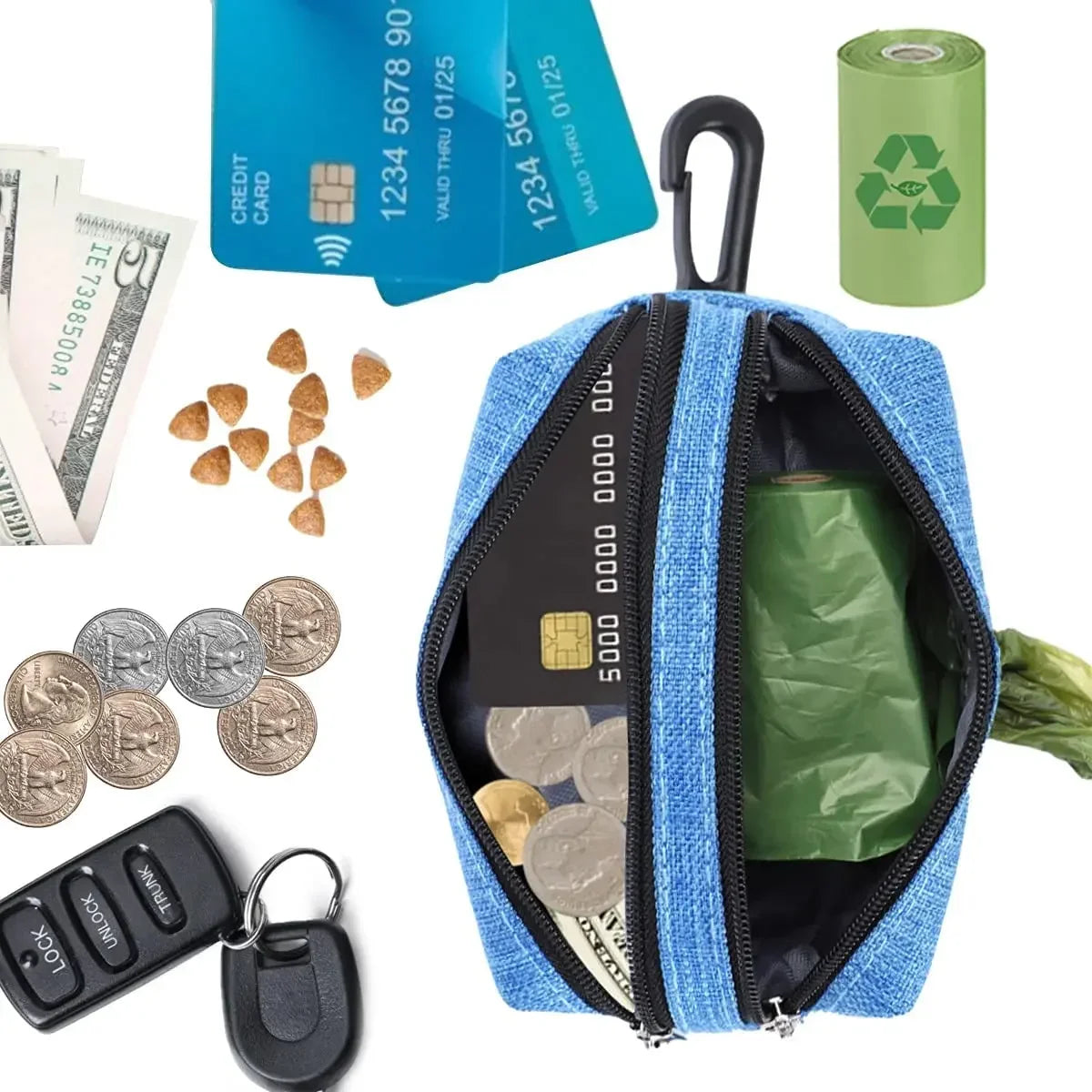 Dog Poop Bag Dispenser with Double Pockets & Velcro Leash Attachment