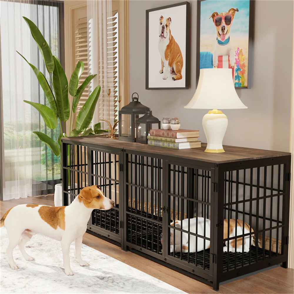 Large Wooden Indoor Dog Crate – Furniture Style Kennel with 3 Doors & Removable Tray