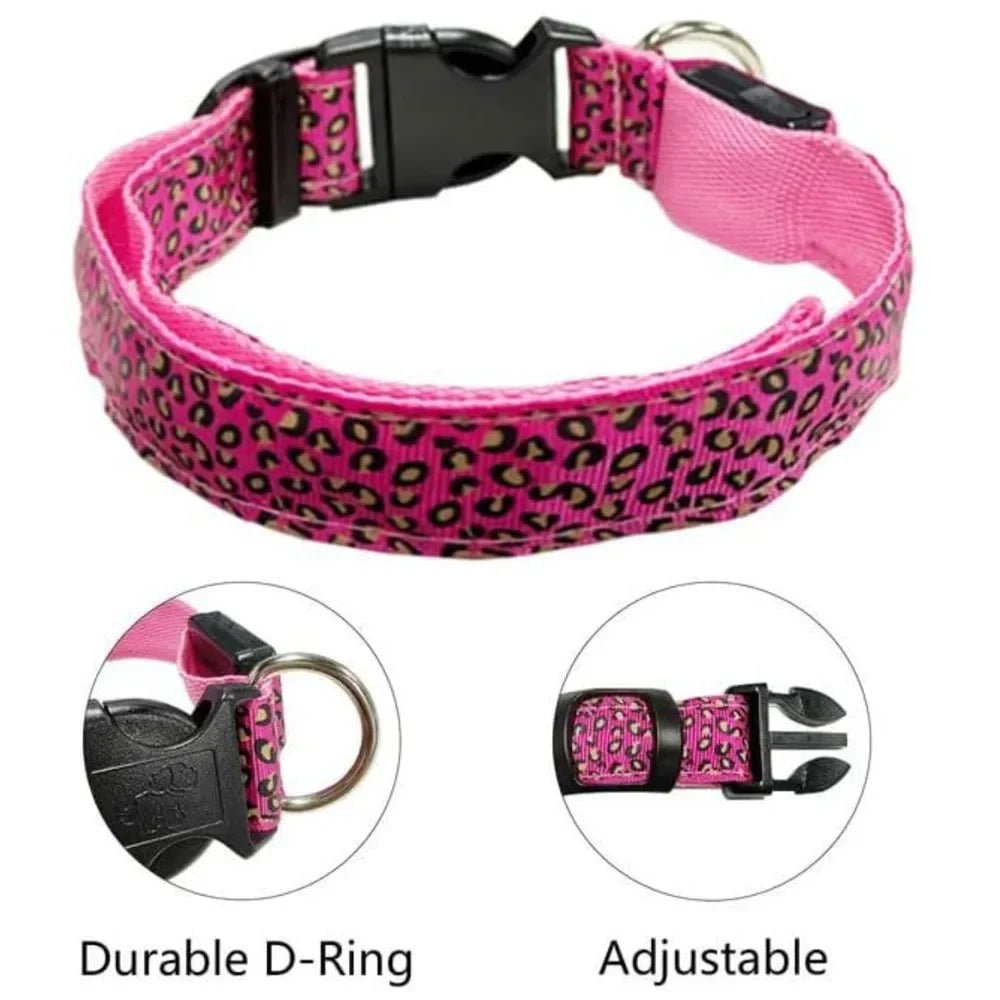 Leopard Print LED Dog Collar – Adjustable, Glowing & Night-Safe