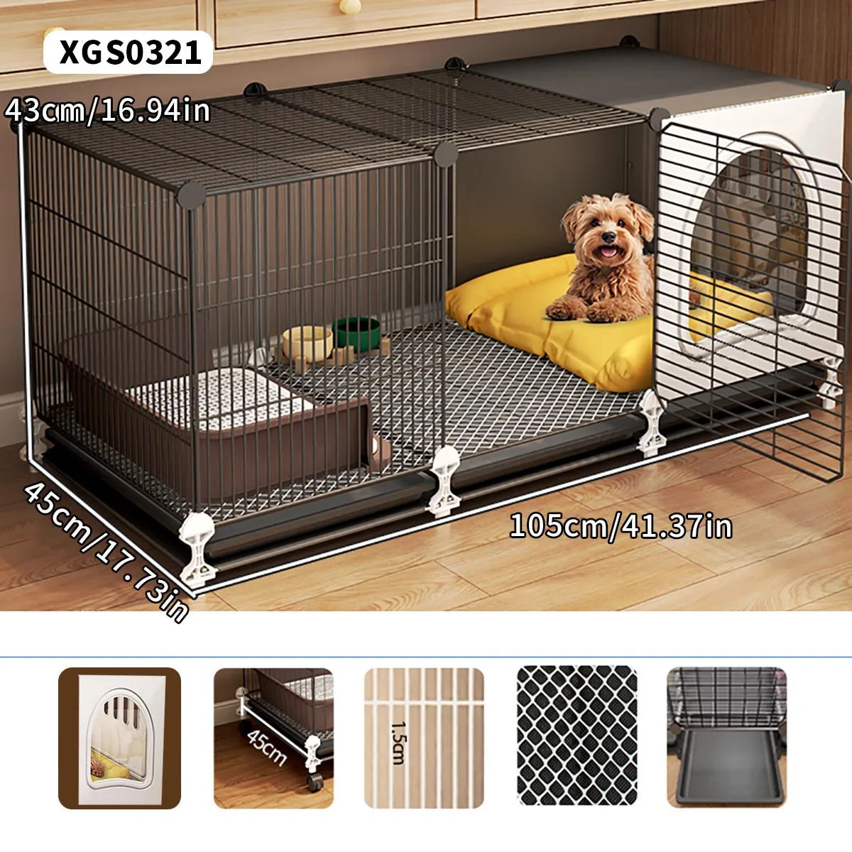 Indoor Dog Cage with Integrated Toilet & Tray – For Small and Medium Dogs