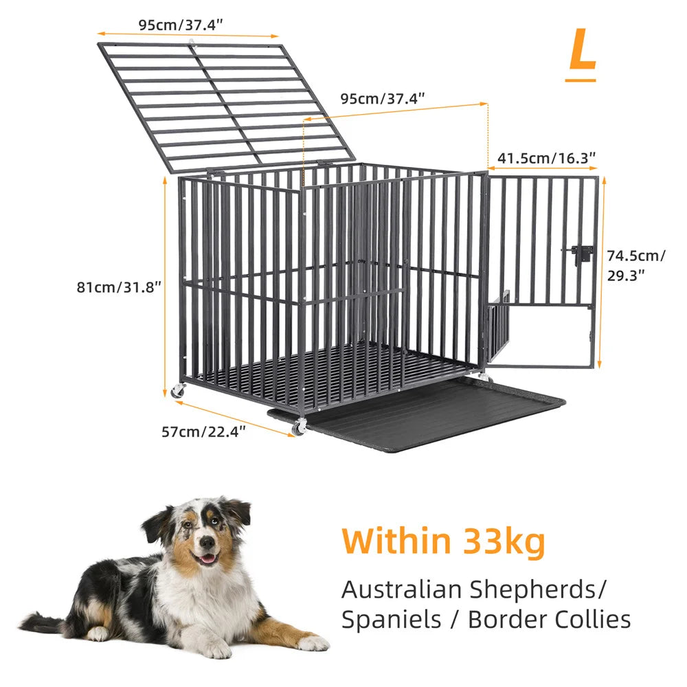 XXL Heavy Duty Dog Crate – Tear-Resistant Metal Cage with Lockable Wheels & Tray