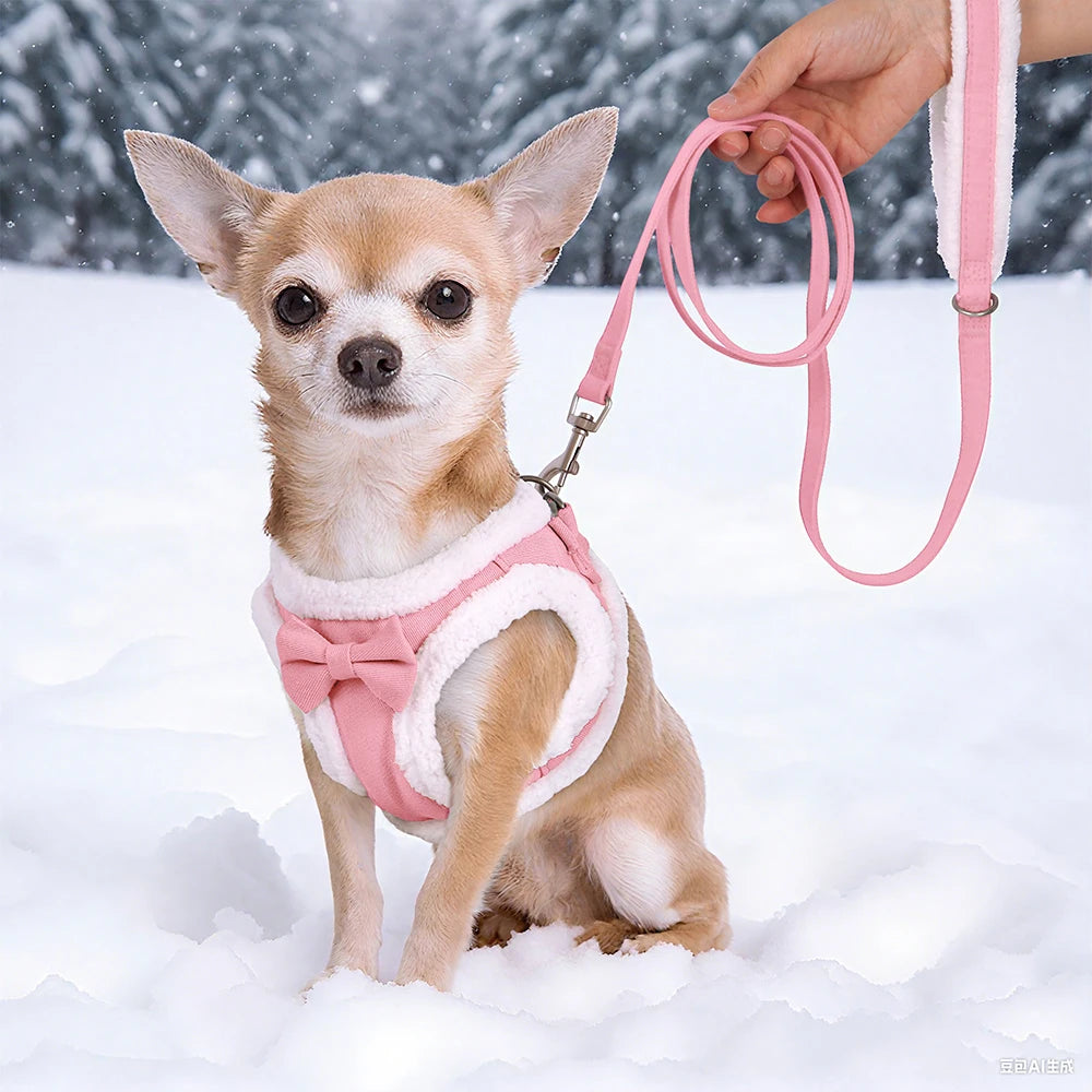 Cute Bowknot Winter Dog Harness with Leash